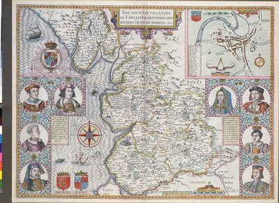 Carte de Lancaster divisée en centaines, 1610 - English School